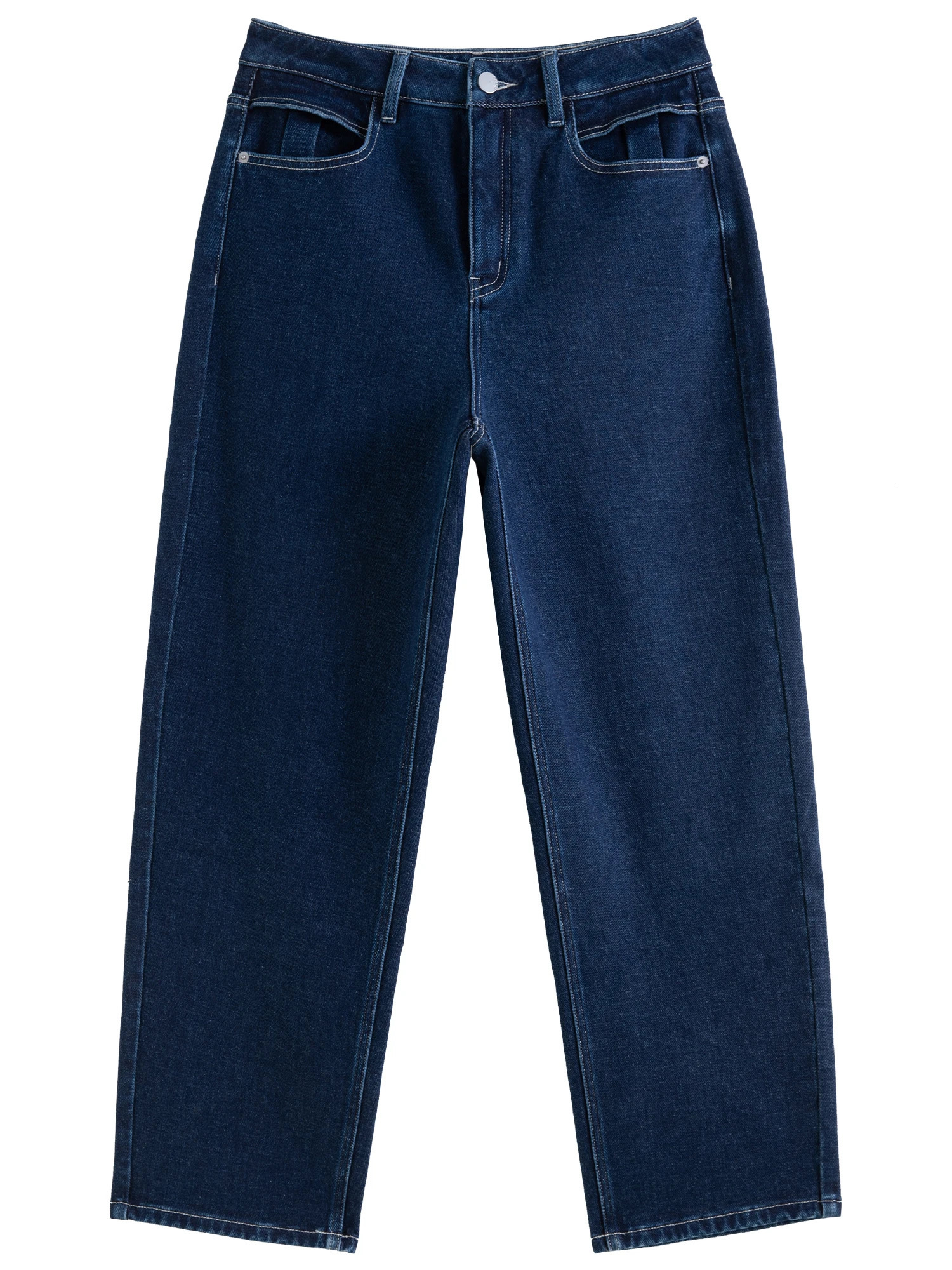 DUSHU womens winter jeans dark denim blue cut straight thick pants cotton elastic light wool 24DS84169 250311