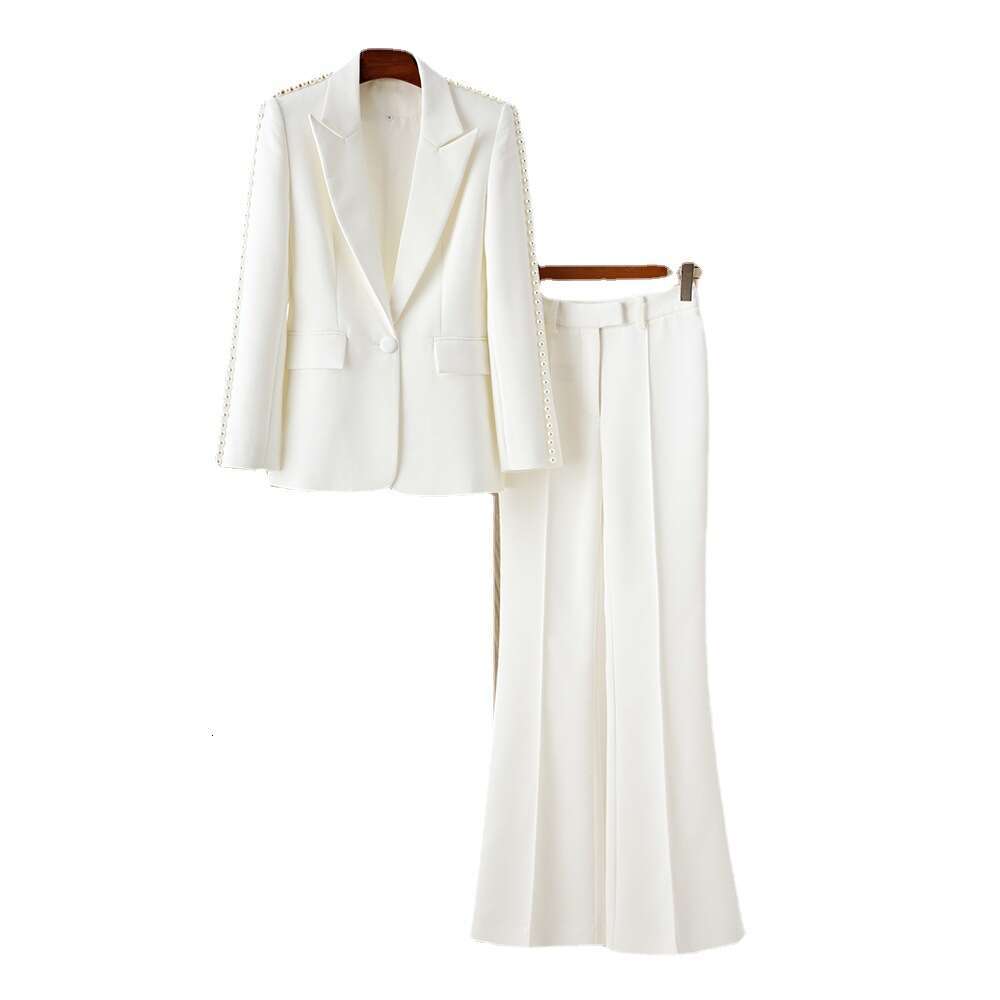 Wind 2023 Spring And Autumn White Mid Length Suit Top Wide Leg Long Pants Fashion Two Piece Style Set