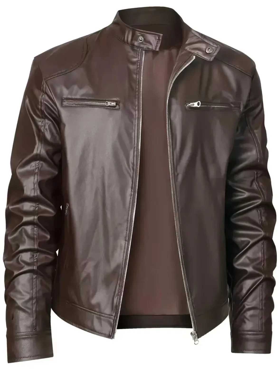 Mens High-quality Locomotive Leather Jacket Fashion Stand-up Collar Punk Leather Jacket MenT250311