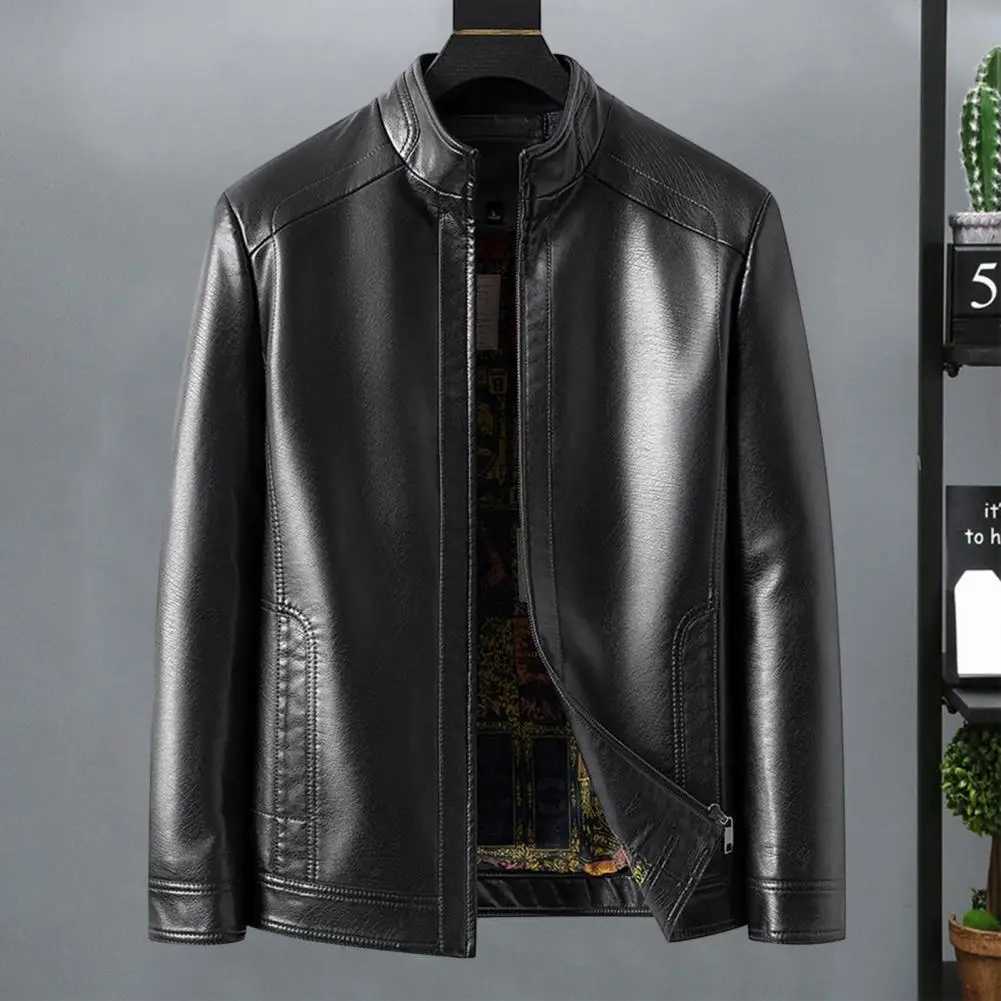 Silky Zipper Jacket Men Stylish Mens Faux Leather Jacket with Standing Collar Zipper Closure Gift for Dad or Boyfriend CasualT250311