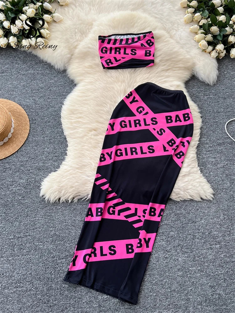 SINGREENY American Retro sexy twopiece womens strapless mini tank topelastic long Skirt letter printed party set 250312