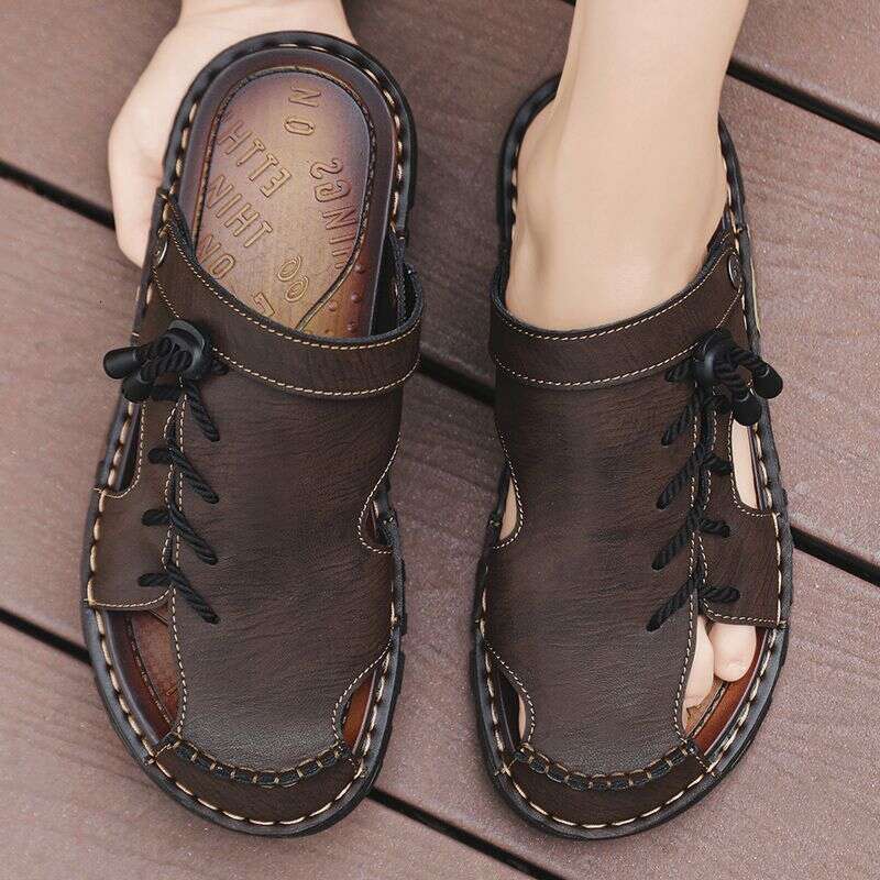 Baotou sandals men in summer plus size driving, trendy leather for exterior wear, 2025 new soft bottom anti slip cool slippers, dual-use