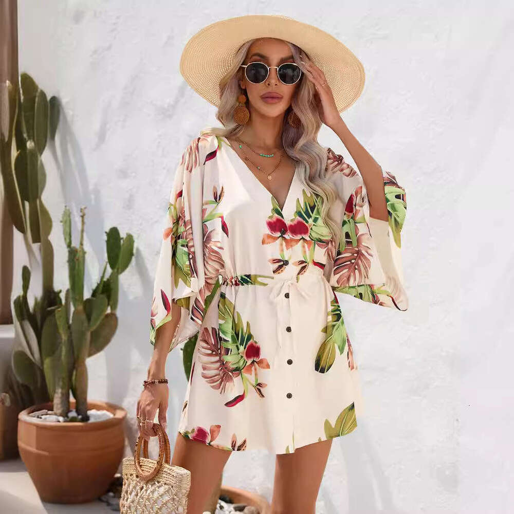 Women's European and American Station Summer Leaf Printed Five Sleeve Dress 2025 New Casual Versatile Fashion Clothing