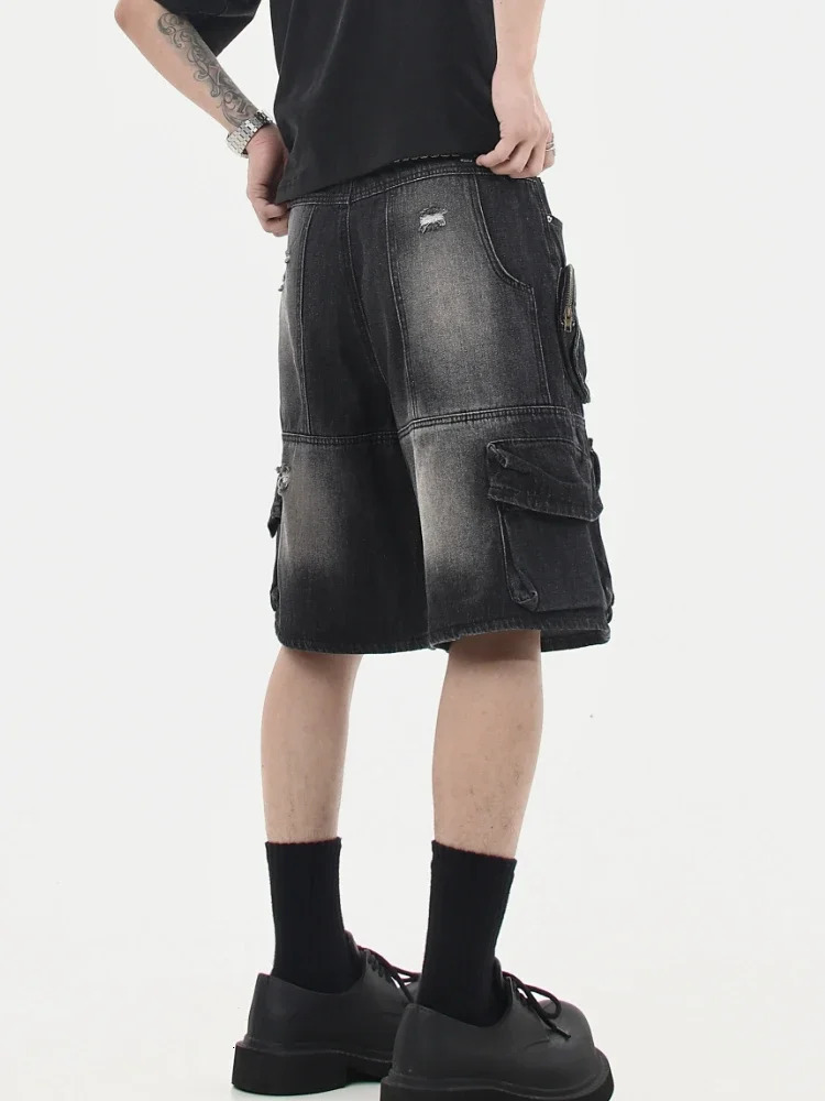 Denim Cargo Shorts Men Vintage Loose Baggy Multipockets Washed Streetwear Handsome Personality Summer American Fashion 250312