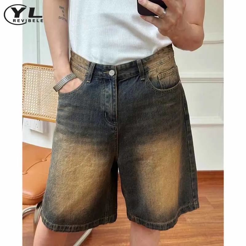Baggy Casual Jean Shorts Mens Summer Mid High Waist Distressed Washed Denim Short Pants Male Street Vintage Knee Length 250312