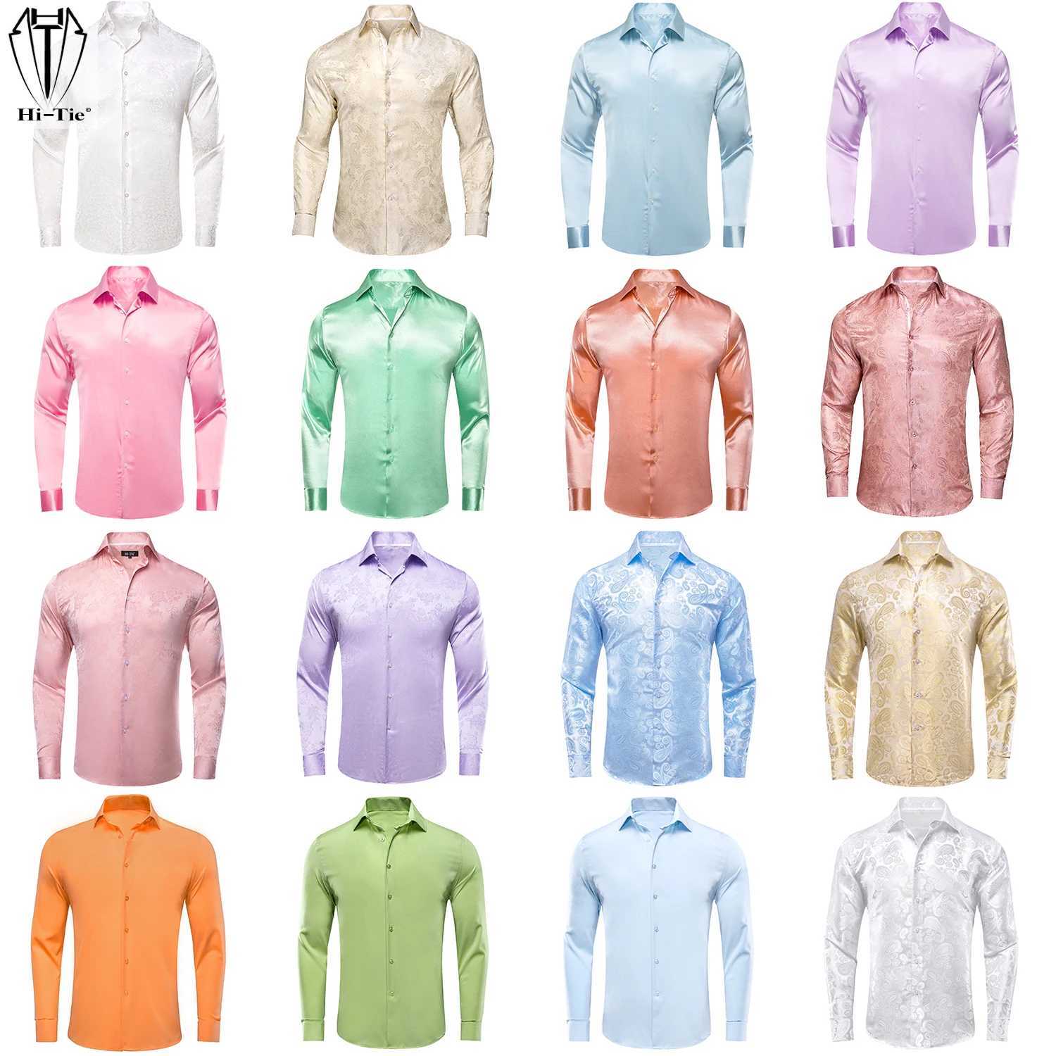 Hi Tie Light Color Silk Summer Mens Shirt Flip Collar Hawaiian Long Sleeve Dress Mens Wedding Office Breathable Shirt W250312