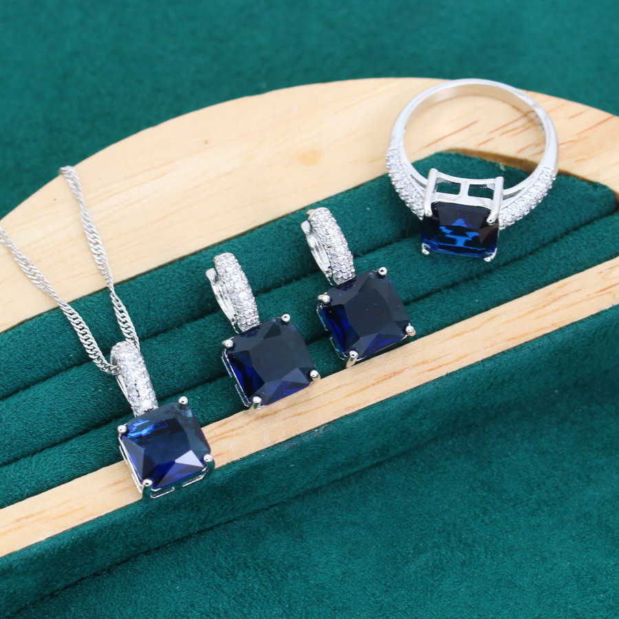 Fashionable and luxurious blue square zircon inlaid jewelry earrings rings bracelets necklaces Mothers Day gifts W250312