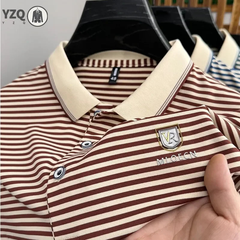 Mens Striped Cotton Business Casual Short Sleeved POLO Shirt Fashion Comfortable and Breathable Top 250312