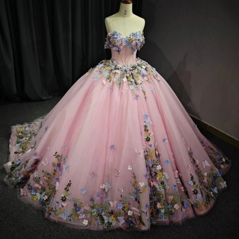 Pink Sweetheart Quinceanera Dresses Party Birthday Ball Gown Off The Shoulder 3D Applique Bow Beads Corset Princess For Sweet 16 Year Vestido De 15 An