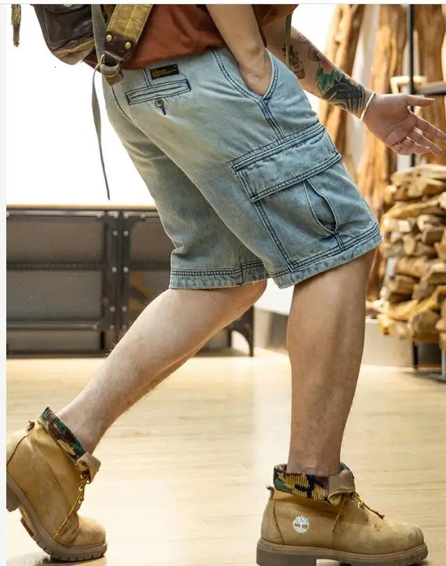 Summer mens loose straight leg denim shorts with multiple pockets outdoor knee length 250312