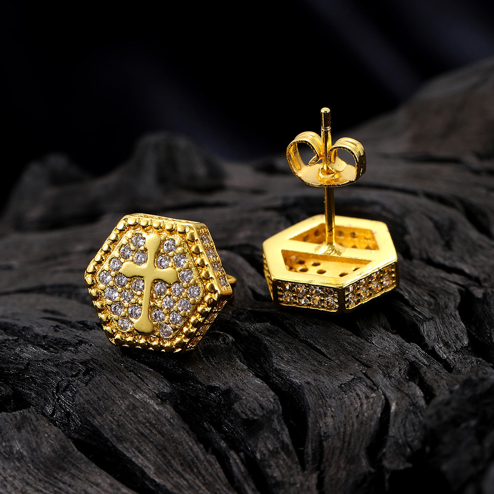 Hip Hop Hexagon Cross Stud Earrings Cylinder Shape Shining Zircon Dangle Earrings Gold Plated Vintage Geometric Jewelry