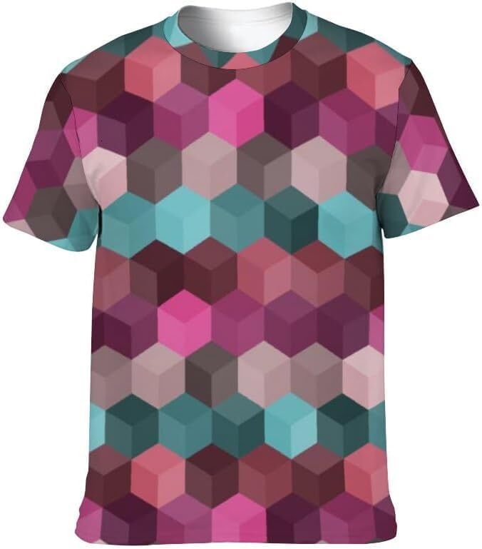 Mens T shirt 3D Geometric T-Shirt, Pink and Teal Hexagon Pattern, Graphic Print, Short Sleeve tee Casual tops summer clothes