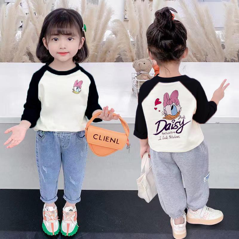 Ddmyshoesvip Girls Pure Cotton Color Contrast T Shirt Children S Western Style Top Korean Version Spring And Autumn Round Neck Girl Cute Bottom Shirt 
