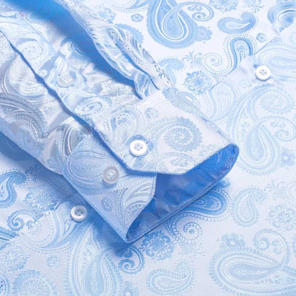 Hi Tie Navy Royal Sky Blue Silk Mens Shirt Flip Collar Long Sleeve Dress Jacquard Shirt Mens Wedding Business Ball W250312