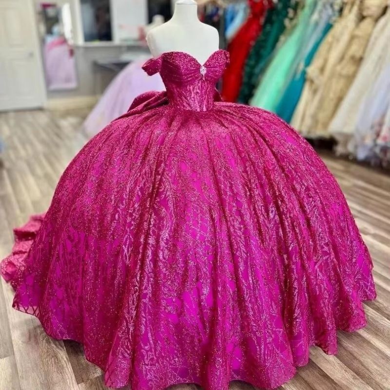 Rose Red Glitter Quinceanera Dresses Ball Gown Off The Shoulder Beading Crystal Sequined Applique Tull Corset Vestidos 15 De XV Anos Sweet 16 Dress