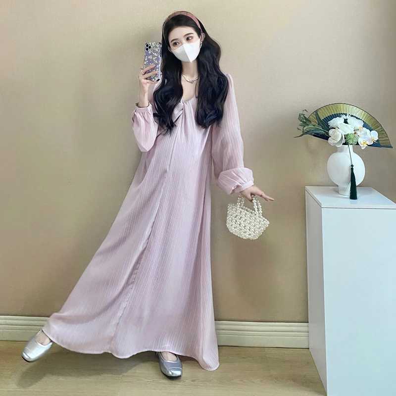 Korean Style Maternity Floor-length Dress Plus Size Lantern Sleeve V-neck Pregnant Woman Beach Dresses PinkT250311