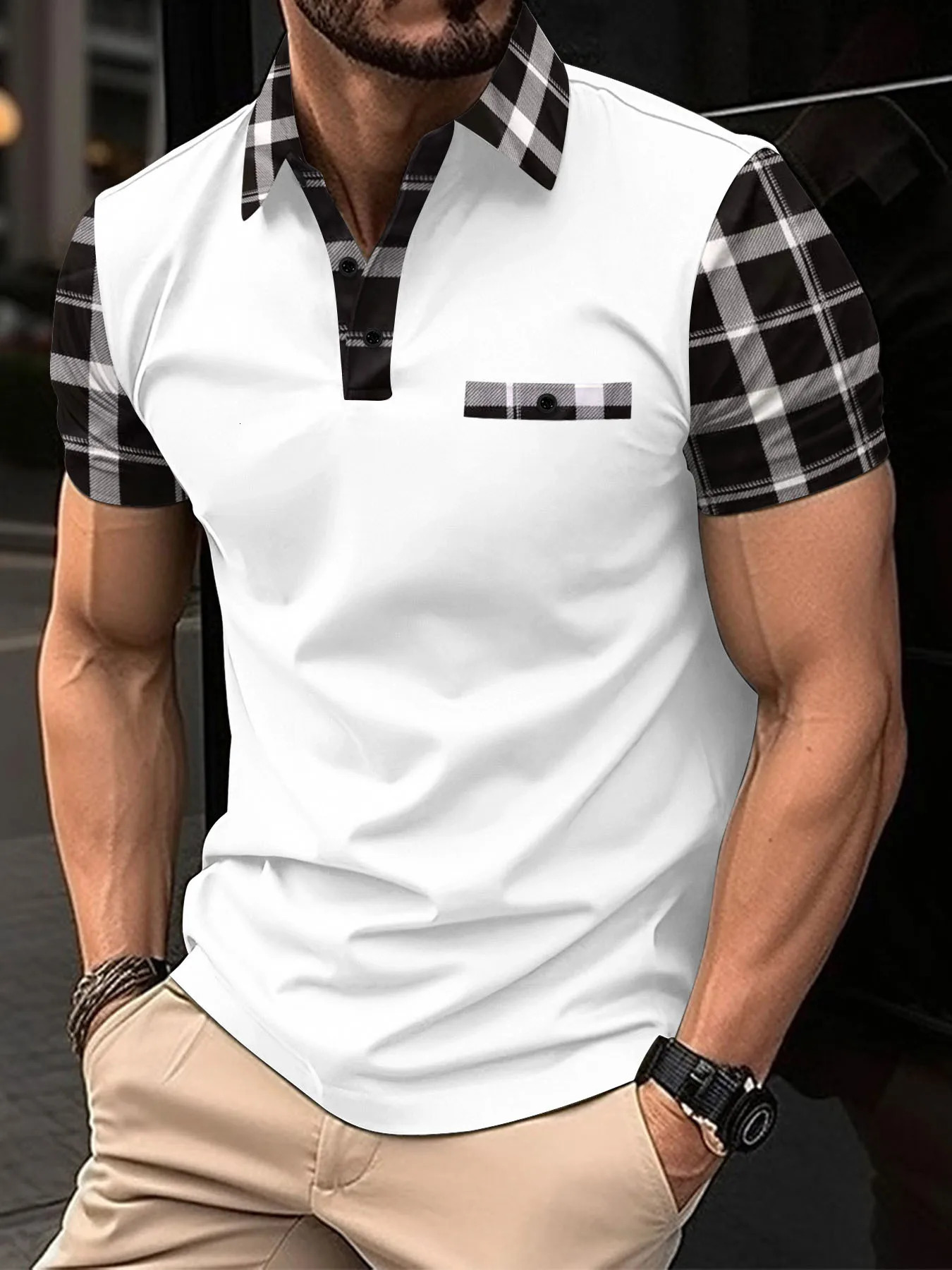 Mens short sleeved polo shirt mens sports casual loose and fashionable striped white top 250312