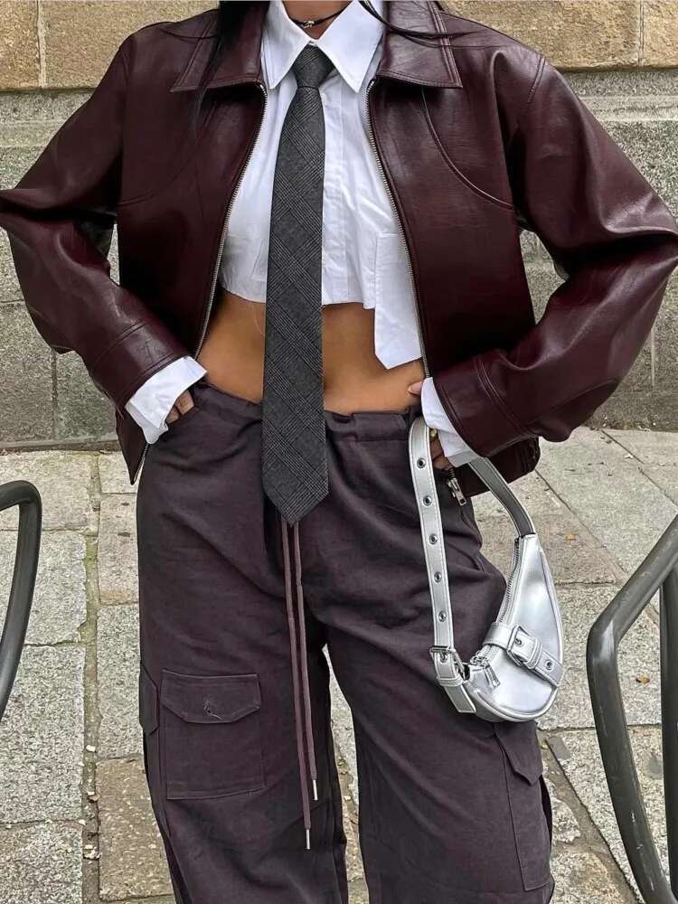 Breasted Pocket PU Jacket Lapel Maillard Women Motorcycle Leather Coat Vintage Spring Autumn Commute Short Overcoat Top