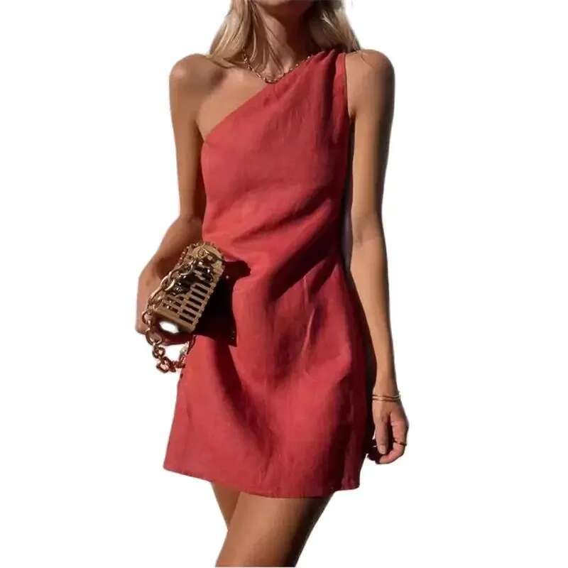 Fashion Slant Neck Women Dresses Summer Solid Color Commuter Dress Simple Style Cotton En Gown Casual Female Sleeveless Frock
