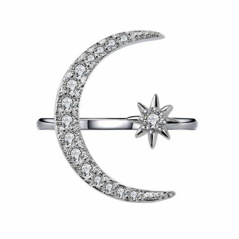 Open Full Diamond Love Ring Featuring Star and Moon Motif - Ideal for Engagements and Weddings