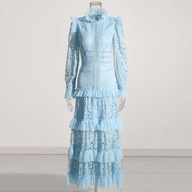 Fashion French Style 2025 Spring New Round Neck Sleeve Lace And Mushroom Edge Splicing Long Dress For Women