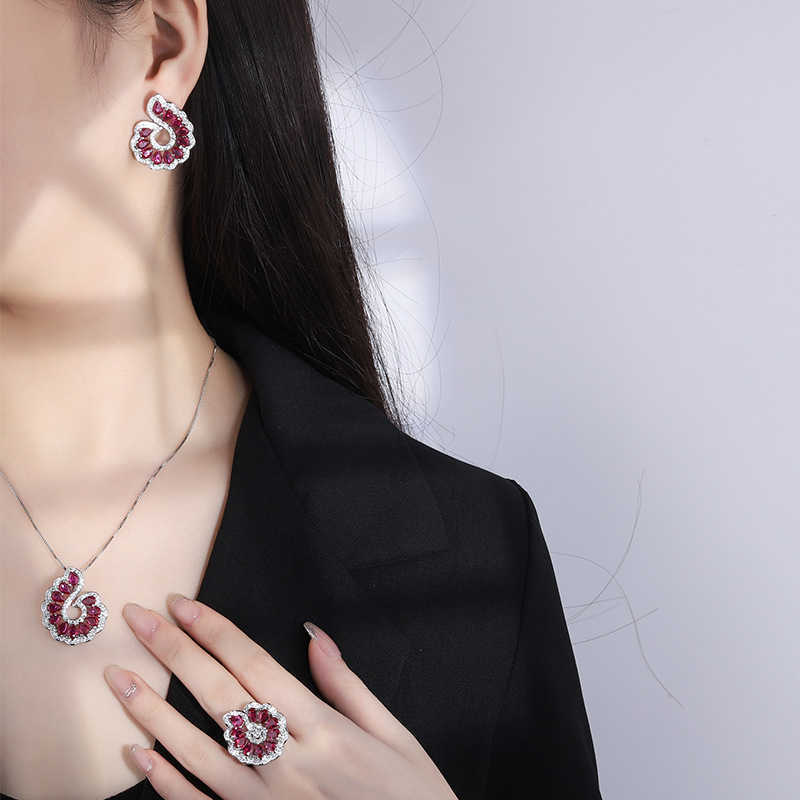Tiktok Live S925 Silver Needle Pigeon like Blood Red Corundum Earrings Ring Pendant Set Female W250312