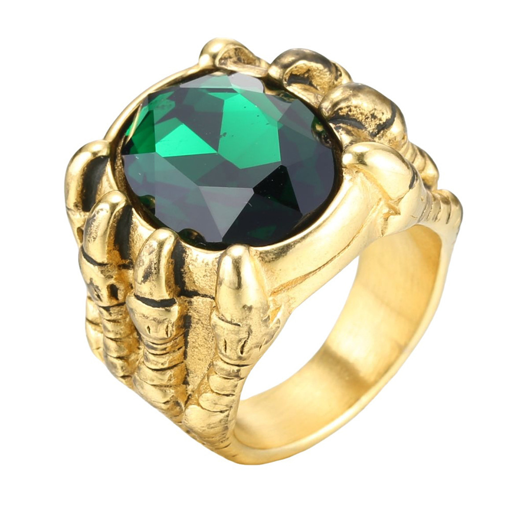 Retro Ice Colorful crystal Casting High Polished Dragon Claw Ring Stainless Steel Jewelry