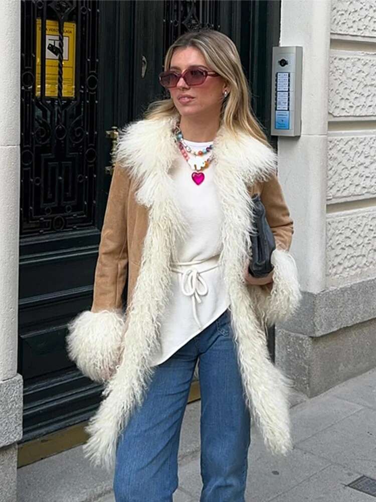 Faux Fur Patchwork Thicken Outwear Women Turn-Down Collar Furry Loose Long Sleeve Warm Coat 2024 Winter Casual Pocket Overcoat