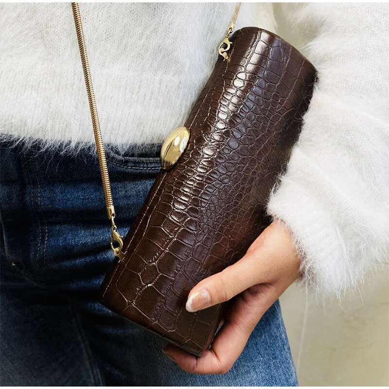 Brand Crocodile Pattern Women's Handbag Brown New Gold Chain Rectangular High-End Designer Shoulder Messenger Bag
