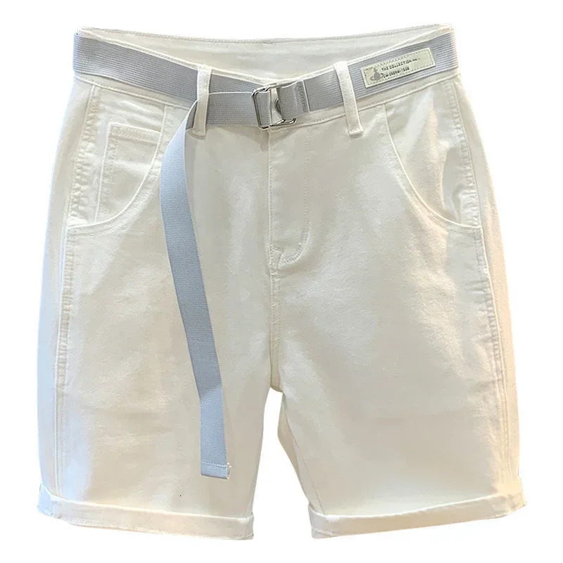 White shorts mens fashionable streetwear knee length Bermuda cotton fiber jeans 250312