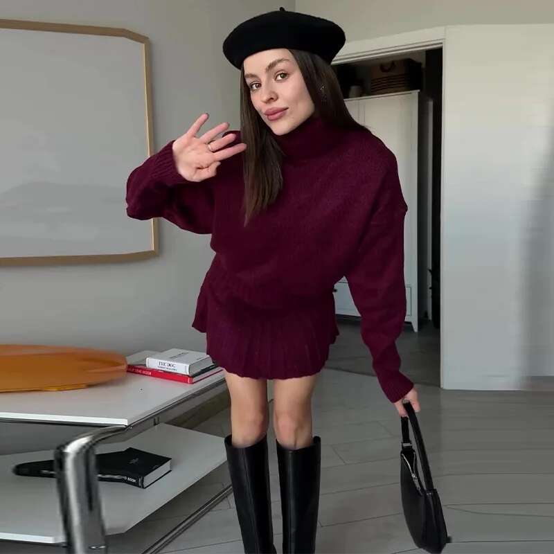 spring Knitted Skirt Suits Women Wine Red Turtleneck Long Sleeve Sweater +Pleated Mini Skirts 2 Pieces Set Female Chic Outfits