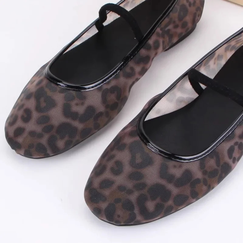 Leopard print mesh shoes women casual transparent ballet flats mary janes shoes Ladies round toe hollow out elegant Loafers 250312