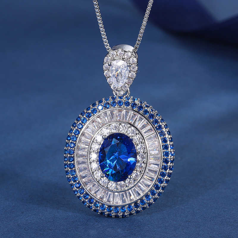 Zhuangsheng Copper Gold Plated Simulated Colorful Treasure Royal Blue Treasure Sparkling Diamond Set for Womens Pendant Set 8 * 10 W250312