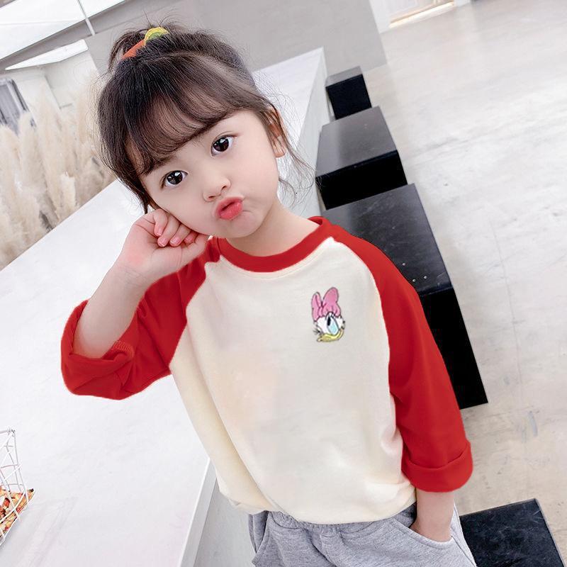 Ddmyshoesvip Girls Pure Cotton Color Contrast T Shirt Children S Western Style Top Korean Version Spring And Autumn Round Neck Girl Cute Bottom Shirt 