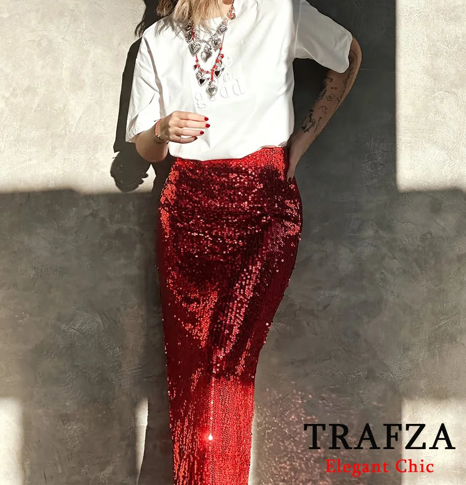 TRAFZA Women Elegant Red Sequined Midi Skirt Hip Wrap Slim Spring Summer High Street Party Date Holiday 250311