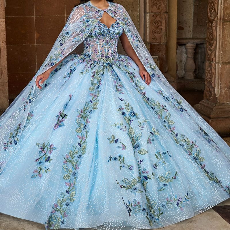 Sky Blue Shiny Quinceanera Dresses Ball Gown With Cape Lace Applique Beading Crystal Tull Corset Sweet 16 Vestido De 15 Anos