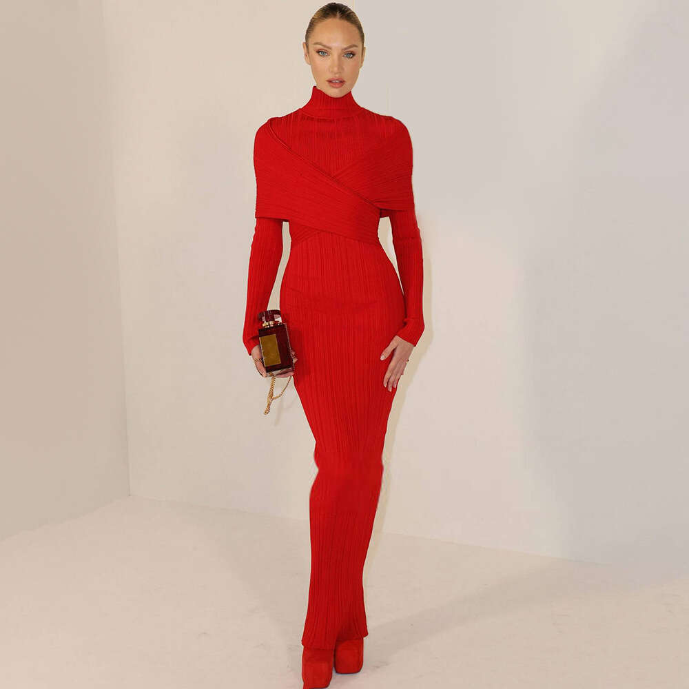 Spring Women's New High-End Red Sleeved Cross Knitted Jacquard Bandage Dress With High Neck Long Skirt