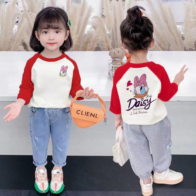 Ddmyshoesvip Girls Pure Cotton Color Contrast T Shirt Children S Western Style Top Korean Version Spring And Autumn Round Neck Girl Cute Bottom Shirt 