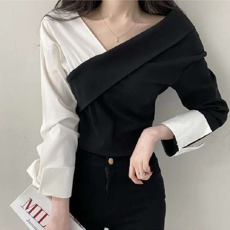 Autumn Long Sleeve Vintage Contrast Patchwork Shirts Women Fashion Streetwear V Neck Ladies Tops Clothing