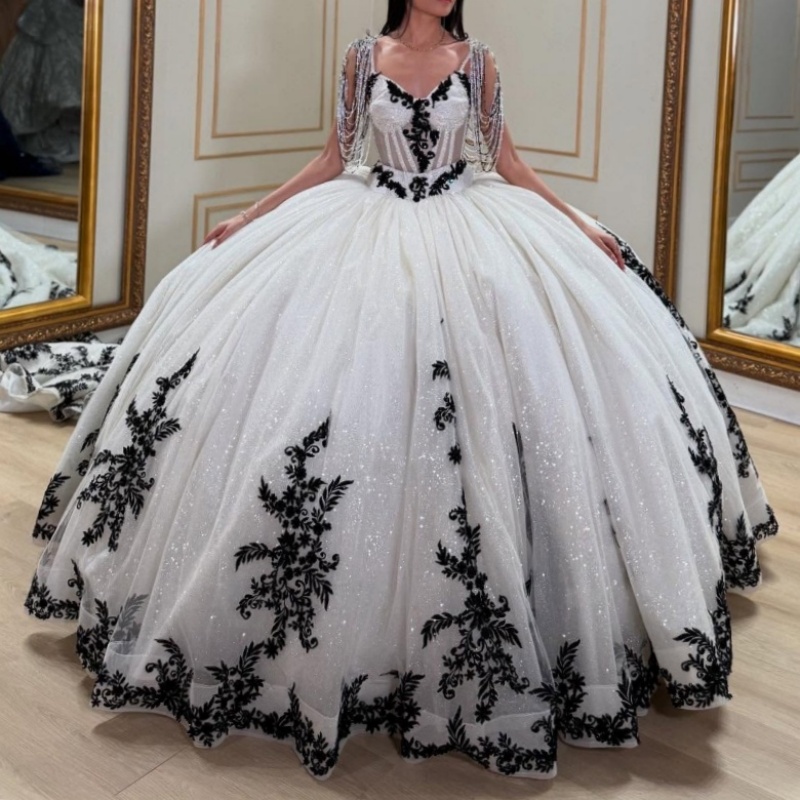 White Shiny Off Shoulder Quinceanera Dresses Applique Lace Beading Tull Party Birthday Sweet 16 Dress Vestidos 15 Anos