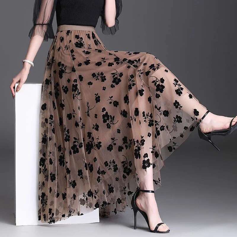 Korean Women Tulle Fashion Summer Hook Ral Loose Midi Skirt Elegant Female Casual All Match Mesh Skirts New