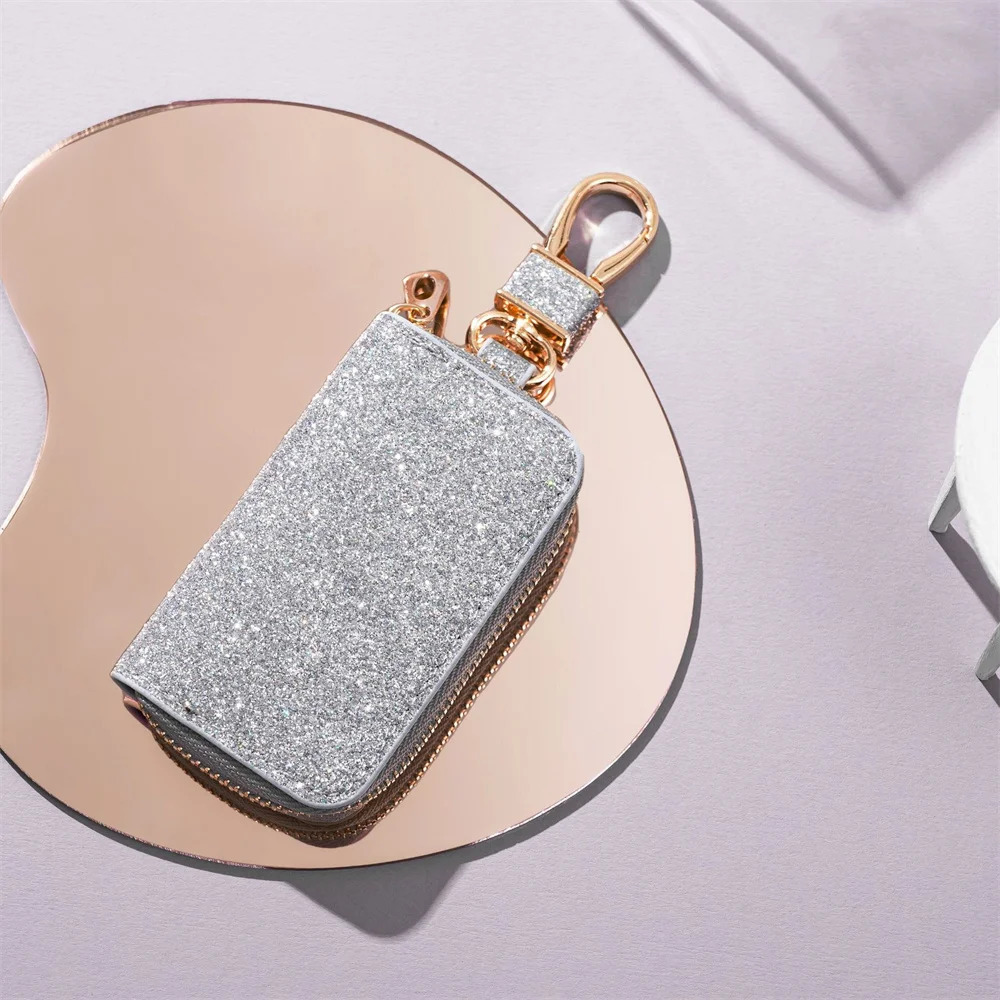 Leather Key Bag With Keychain Creative Shiny Coin Purse Mini Portable Storage Bag Pendant Glitter Zipper Key Holder Pouch 250311