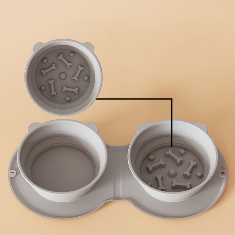 Pet Bowl Foldable Silicone Dog Double Bowl Thickened Water Feeder Outdoor Portable Puppy Cats Gray Bowl Tableware Pet Supplies