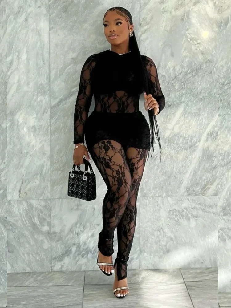 nibber Sexy Midnight 2Piece Set Women Summer Trend Cross Wrap Long Sleeve DressLeggings Hipster Matching Thin Mesh Clubwear 250311
