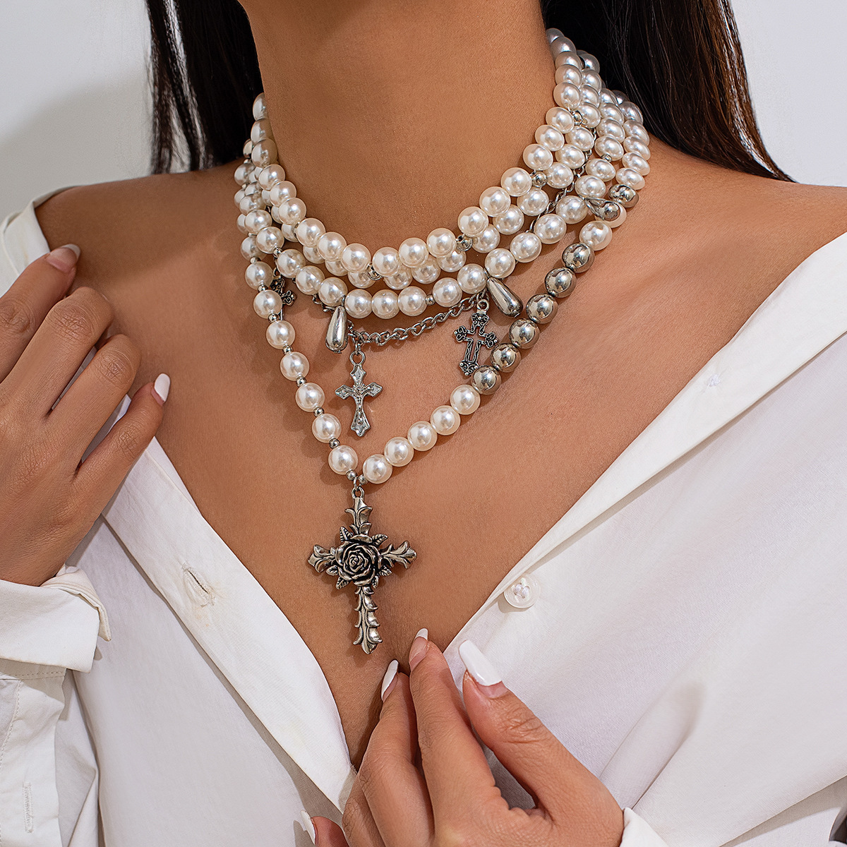 Vintage Baroque Collarbone Chain Irregular Cross Pearl Bead Necklace Jewelry for Women