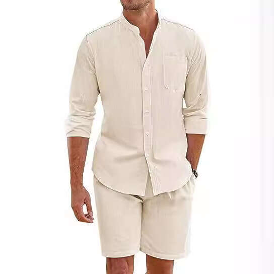 Men's summer two-piece cotton en comfortable button up shirt, long sleeved shorts, cardigan, simple casual beach wear, 2025 new style, chic and e
