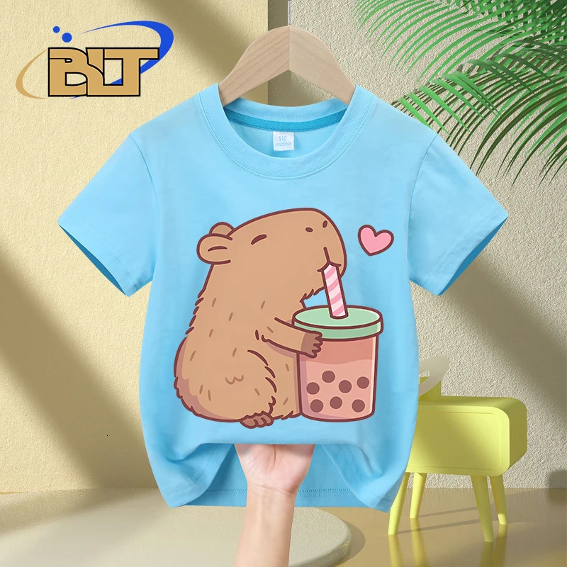 Cute Capybara Loves Bubble Tea print kids T-Shirt summer childrens pure cotton short-sleeved casual tops boys and girls gifts 250311