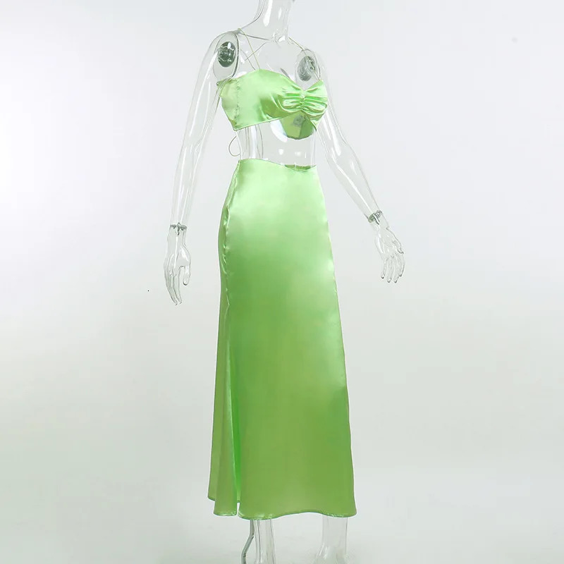 Spring and summer sexy navy blue exposed womens twopiece strapless drawstring sling set satin solid beach vacation dress 250312