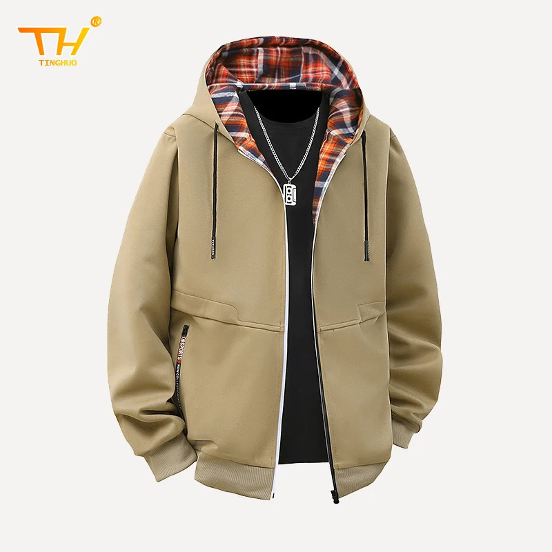 Mens Jacket Hoodie Spring and Autumn Fashion Casual Checkered Sports Shirt Solid Color Coat Street Clothing 250312