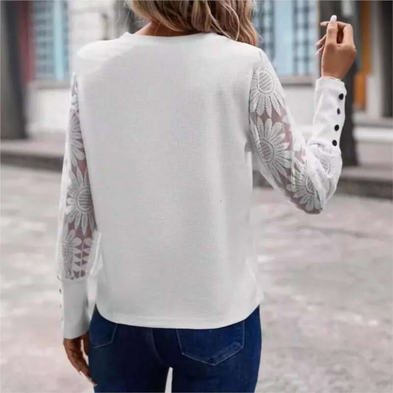 White Elegant Women's Round Neck Office Fashionable Shirt Autumn And Winter Casual Lace Cuffs Long Sleeved Button Up Blouse